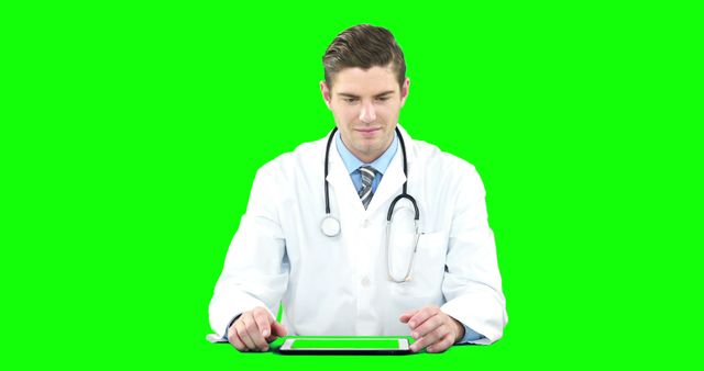 A young Caucasian male doctor in a white coat is focused on a digital tablet, with copy space on the green background. His professional attire and the stethoscope around his neck suggest he is ready to provide medical advice or consultation.