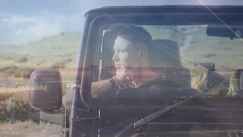 Man Relaxing in Off-road Vehicle Amid Digital Connections