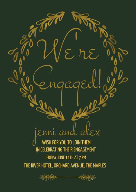 Golden Wreath Invitation for Engagement Celebration on Dark Green Background - Download Free Stock Templates Pikwizard.com