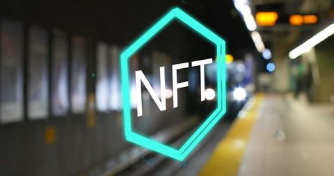 Nft concept overlaid on subway station scene represents digital transition