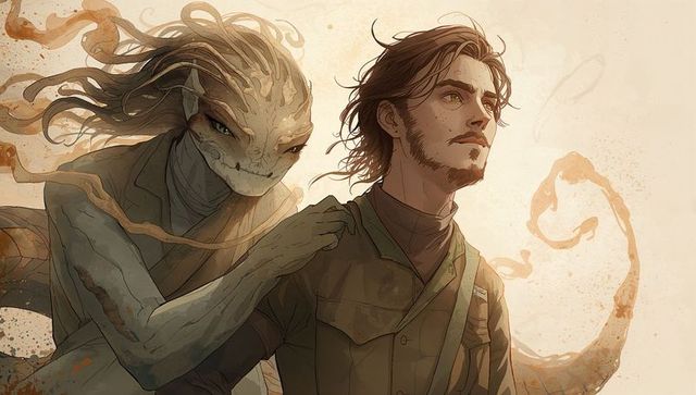 Bearded scout gazing right with reptilian companion on sepia parchment background