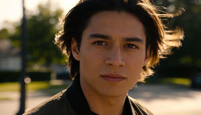 Sunlit young man portrait wearing bomber jacket backlit suburban street cinematic headshot