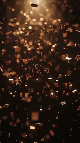 Vertical Video of Golden Fragments Drifting Through Dark Void with Warm Bokeh Luxury Glow