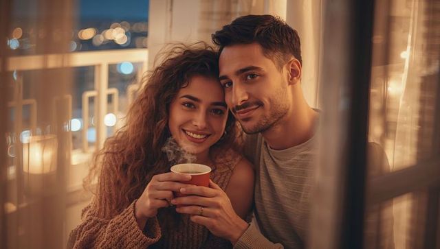 Couple smiling and leaning by balcony window at night holding steaming mug, cozy romance