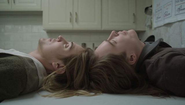 Couple lying head-to-head on kitchen counter, heads touching and hair spread, quiet intimacy