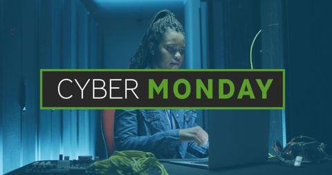 African American Female Engineer in Server Room with Cyber Monday Text Overlay - Download Free Stock Images Pikwizard.com