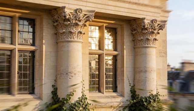 Sunlit corinthian capitals and mullioned leaded windows on historic stone facade with ivy