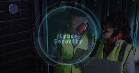 Cybersecurity Experts Working in Server Room with Digital Interface