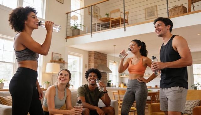 Friends rehydrating after home workout in bright loft holding reusable water bottles