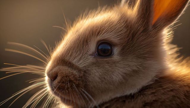 Backlit brown rabbit head close-up, glossy eye and long whiskers, warm rimlight portrait
