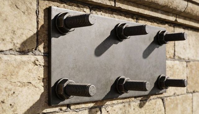 Securing rectangular steel plate with six large bolts on stone wall closeup industrial texture