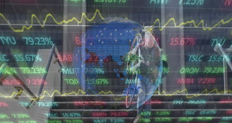 Abstract Overlay of Globe And Financial Data with Man and Bicycle