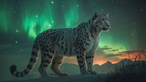 Snow leopard under auroras on snowy ridge at sunset