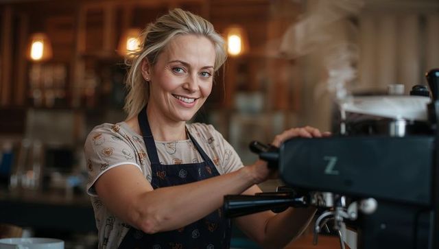 Smiling Barista Preparing Coffee with Espresso Machine at Cafe