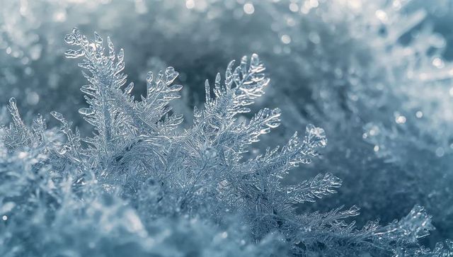 Macro ice crystal cluster sparkling on frosted surface with bokeh winter light and texture