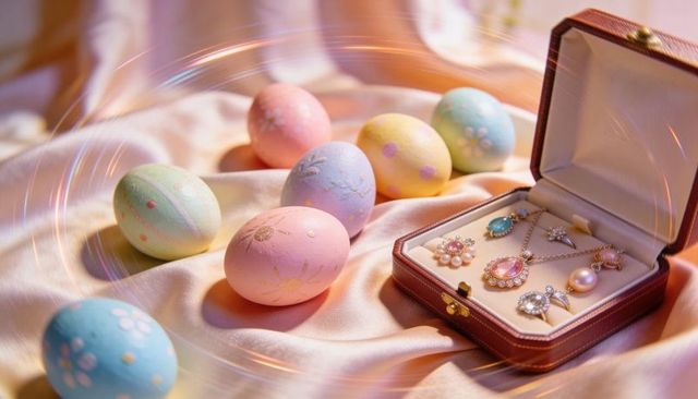 Pastel easter eggs with open vintage jewelry box and pearl necklaces on luxurious satin