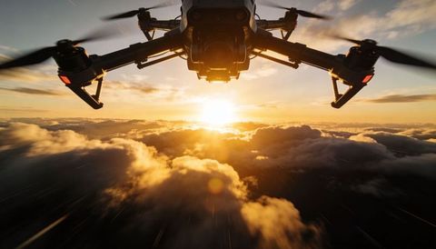 Cinematic drone capturing sunrise over clouds with spinning rotors and camera gimbal