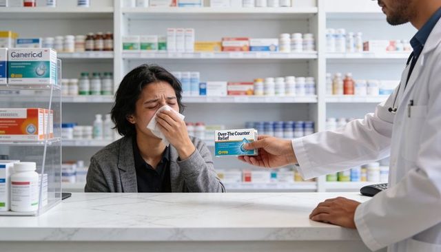 Asian man blowing nose at pharmacy counter receiving over-the-counter cold relief advice