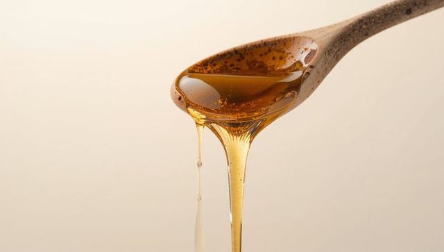 Dripping wooden spoon holding golden syrup with glossy droplet on beige background