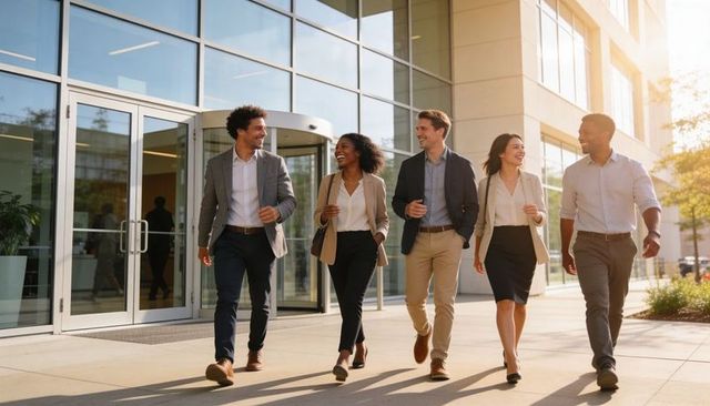 Business team walking outside modern office building smiling and networking in business attire