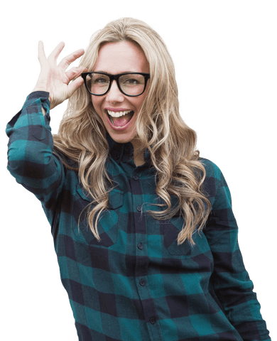 Cheerful Caucasian Woman Adjusting Glasses on Transparent Background