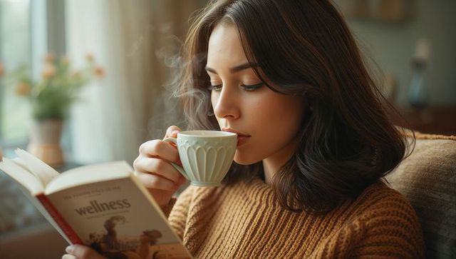 Woman Sipping Tea While Reading Book on Relaxation