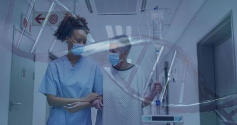 Nurse guiding patient walking hospital corridor with iv pump and dna helix overlay