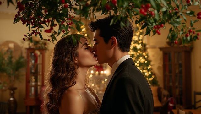 Romantic Christmas Kiss Under Holly Sprigs