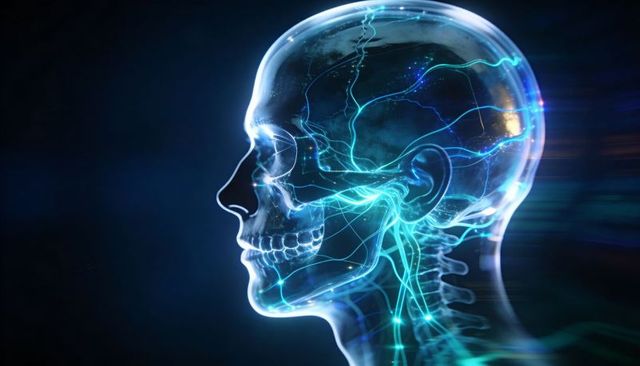 Translucent human skull revealing neural network and spinal nerves in neon cyan render