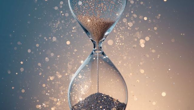 Elegant hourglass with cascading golden sand and bokeh lights