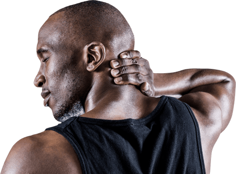 Muscular Man Massaging Neck with Closed Eyes Transparent