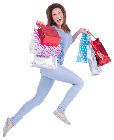 Joyful Shopper Jumping with Colorful Gift Bags Transparent Background