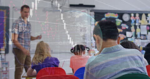 Children Learning in Classroom with Financial Data Overlay