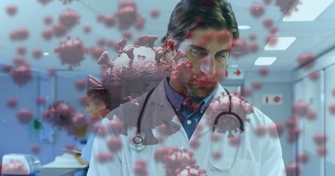 Doctor in Hospital Amid Floating Coronavirus Cells