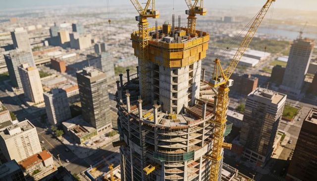 Rising high-rise under construction featuring exposed concrete core and tower cranes