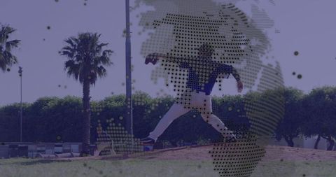 Baseball Player Pitching with Abstract World Map Overlay