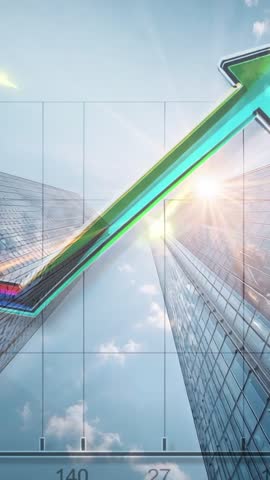 Neon Arrow Rising Between Glass Towers Signaling Rapid Business Growth and Tech Innovation