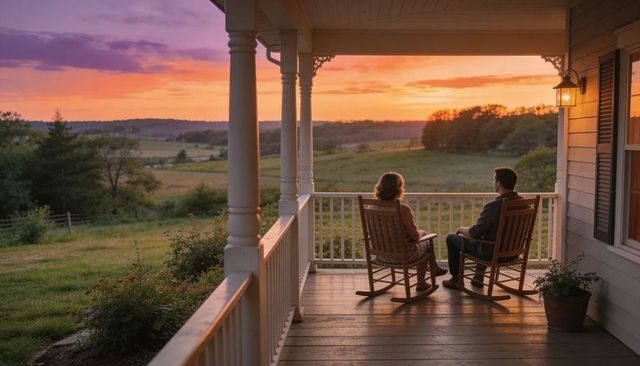 Couple watching sunset on farm porch in rocking chairs at golden hour