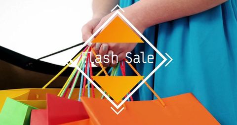 Holding colorful shopping bags with flash sale badge and diamond graphic, turquoise dress