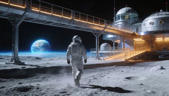 Astronaut Walking Toward Futuristic Lunar Base Under Earthrise, Nighttime Moon Exploration