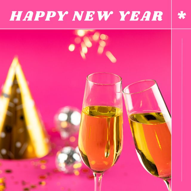 Square image of happy new year and glasses with champagne on pink background. New year, tradition, party and celebration concept.
