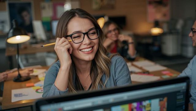 Smiling woman wearing glasses holding pencil collaborating in creative office workspace