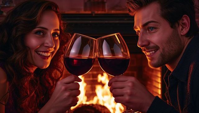 Romantic Couple Clinking Wine Glasses by Fireplace