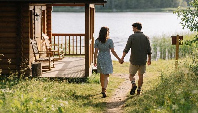 Couple holding hands walking toward lakeside cabin porch at sunset, romantic summer retreat