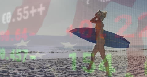 Surfer Walking on Beach with Stock Market Data Overlay
