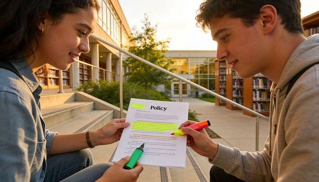 University students highlighting policy document on campus steps at golden hour outdoor study sessio