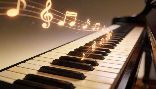 Arcing golden musical notes floating above piano keyboard creating warm ambient melody
