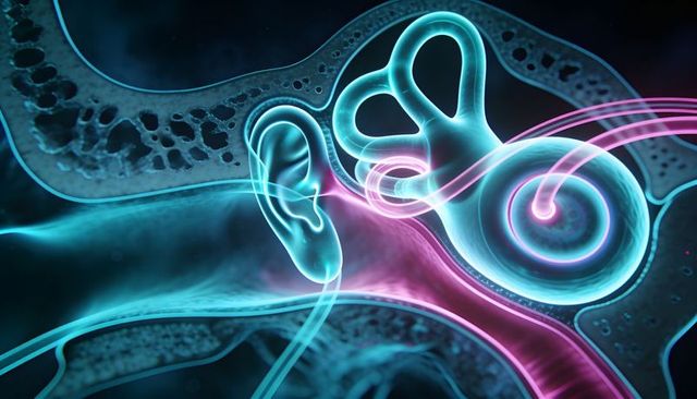 Futuristic neon inner ear anatomy cross-section highlighting cochlea and vestibular system