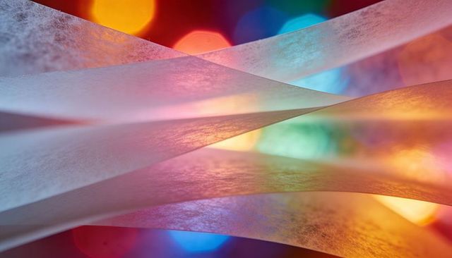 Layering translucent paper strips backlit with vibrant bokeh lights and colorful glow
