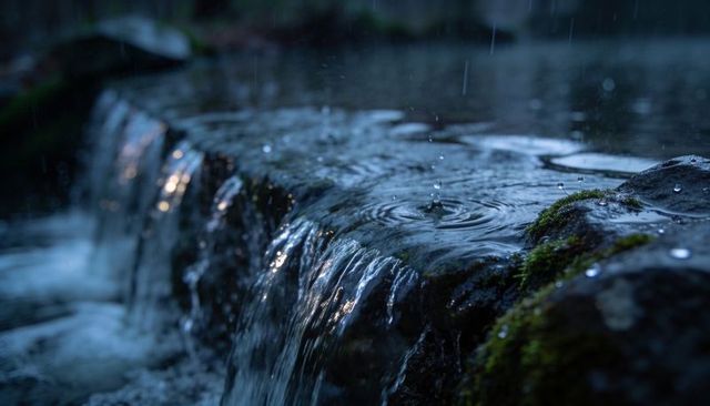 Moss-covered rock ledge cascading water with raindrop ripples in moody blue light